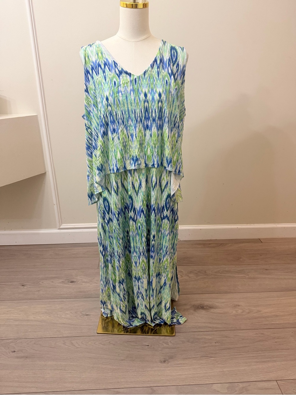 Chico's Sleeveless V-Neck Maxi Dress in Blue and Green Ikat Print - Picture 2 of 7